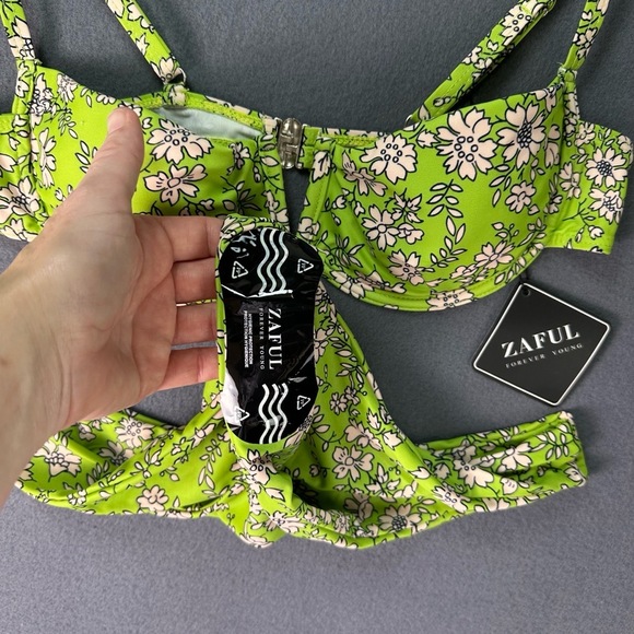 ZAFUL 2pc Green Swimsuit Tiny White Floral V-Wired High Leg Bikini Swimwear Sz S - Picture 11 of 13